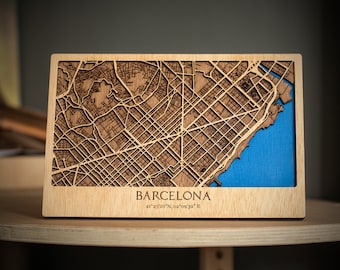 Barcelona Wooden Map| 3D City Map | Wooden Street Cutouts | 8x12  Wood Map | 3D Wooden Laser Cut Map | Catalonian capital  | Office Decor