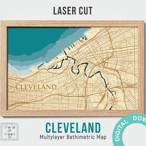 Digitale Datei - PDF, SVG - 3D Karte, lasergeschnitten, Cleveland Bathymetrie, mit mehreren Ebenen, 8x12 Zoll, Cleveland, OH