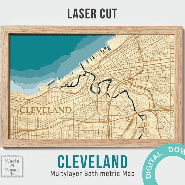 Digital File PDF, SVG - 3D laser cut map of Cleveland Bathymetry with multiple layers, wood bathymetric map, 8x12 inch, Cleveland, OH