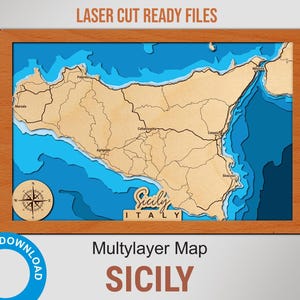 Sicily Map SVG, Italy Laser Map, Sicily island Laser Wood Map, Cut and engrave files, Layered Wooden Depth Map Bathymetric-3D, 8х12 in
