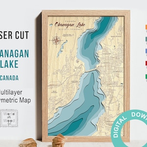 SVG, PDF Datei - Okanagan Lake Map, Kanada - Landkarte, mehrschichtige Vektorkarte, Holzbatik, Laser Cut Fertig Datei, Housewarming Geschenke, 12x18