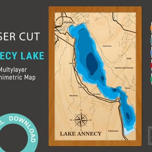 Fichier numérique SVG, PDF - carte du lac d'Annecy, carte vectorielle multicouche, bathymétrie bois des Alpes françaises, fichier prêt à être découpé au laser, cadeaux de pendaison de crémaillère, 8 x 12