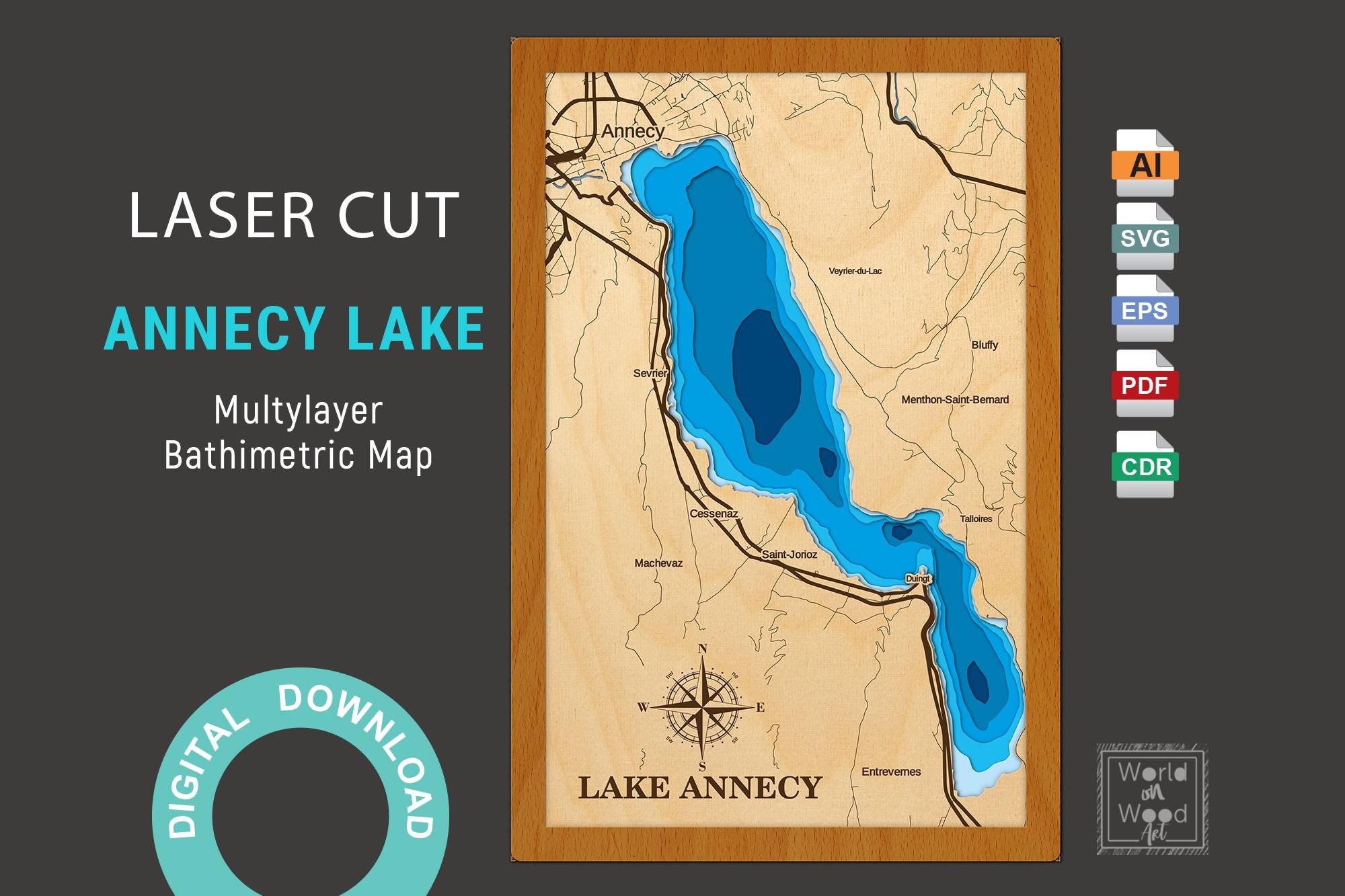 Digital File SVG, PDF - Annecy Lake Map, Multilayer Vector Map, French ...