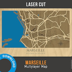 3D Laserschnitt Karte von Marseille - mehrschichtige Straßenkarte Dekor Laserschnitt Digitale Dateien - PDF, SVG, Eps, Ai, Cdr