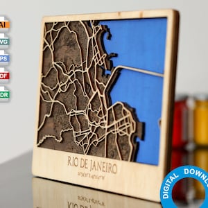 3D Laser Cut Landkarte von Rio Dejanean - Brasilien mehrschichtige Straßenkarte Dekor Laser geschnitten Digitale Dateien - PDF, SVG, Eps, Ai, Cdr. 30x45 cm