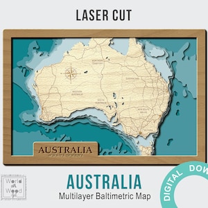 Archivo digital SVG, PDF - Mapa de Australia, Profundidad del agua 3d, Mapa vectorial multicapa, Batimétrico de madera, Archivo cortado por láser 8x12 pulgadas