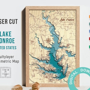 SVG, PDF - Lake Conroe Karte, Texas, mehrschichtige Vektorkarte, Holzbatik, Laser Cut Fertig Datei, Housewarming Geschenke, 12x18