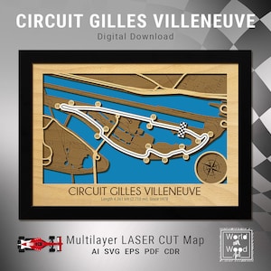 Circuit Gilles Villeneuve kaart SVG, racebanen 3D houten kaart, Formule 1 Circuit Racing, lasergesneden digitale bestanden, 8,5 x 12 inch