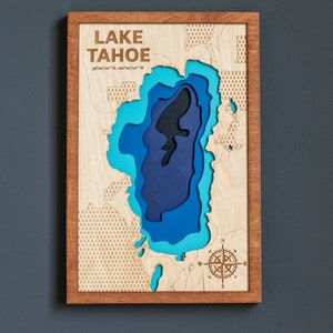 Mapa de Lake Tahoe, Arte de pared 3D, Mapa de lago multicapa, Decoración de Lake House, Mapa de lago - Mapa de profundidad - Bathymetric - 3D, 8 х 12 pulgadas, Lake House Gift