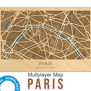 Mapa cortado con láser 3D de París - Decoración de mapas multicapa Archivos digitales cortados con láser – Recuerdos de viajes franceses, PDF, Svg, Eps, Ai, Cdr