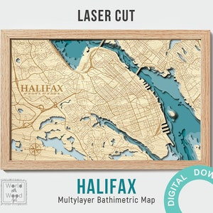 Fichier numérique PDF, SVG - carte 3D découpée au laser de la bathymétrie d'Halifax avec plusieurs couches, carte en bois, fichier prêt à la découpe au laser, 20 x 30 cm, Nouvelle-Écosse