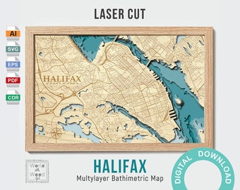 Digital File PDF, SVG - 3D laser cut map of Halifax Bathymetry with multiple layers, wood map, Laser Cut Ready file, 8x12 inch, Nova Scotia