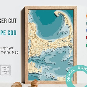 Cape cod Karte geschichtete Datei - SVG, Pdf, 3D topografische Karte, lasergeschnittene Dateien, Glowforge, digitaler Download, 20x12 Zoll Holzkarte
