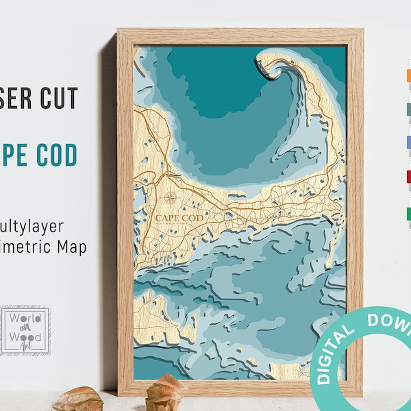 Cape cod Map Layered File - Svg, Pdf, 3D Topographic Map, Laser Cut Files, Glowforge, Digital Download, 8х12 inch Wooden Map