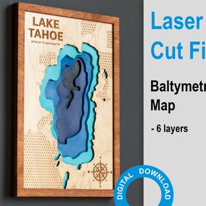 Lake Tahoe Cutting Files, PDF, AI, SVG - Wood Multilayer Laser Cut Design, Layered Wooden Depth Map-Bathymetric-3D, 8х12 inch