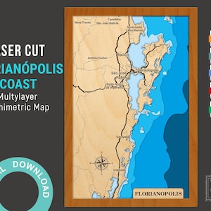 May include: A laser-cut, multi-layer bathymetric map of the Florianópolis coast in Brazil. The map is framed in wood and features a compass rose in the lower left corner. The map is available in AI, SVG, EPS, PDF, and CDR formats.