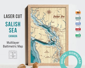 Salish Sea Cutting Files, PDF, AI, SVG - Wood Multilayer Laser Cut Design, Layered Wooden Depth Map-Bathymetric-3D, 12х18 inch Digital