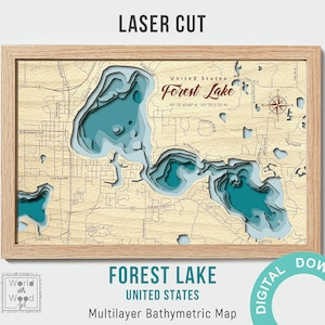Digitale Datei PDF, SVG, Ai - Forest Lake Karte, Minnesota Bathymetrische Tiefe, Schichten SVG-Datei, Laserschnittdatei, 3D-Holzkarte, 30 x 45 cm