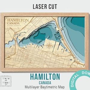 Svg de carte Hamilton, Svg de carte de lac, Glowforge carte svg, fichier découpé au laser de carte, svg de carte de profondeur de lac, carte de l'Ontario Canada, carte multicouche, 8х12 pouces.