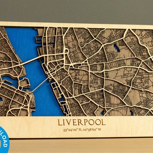 Liverpool carte découpée au Laser 3D SVG - décor de carte des rues du Royaume-Uni multicouche, art de la carte, fichier 3D Glowforge, fichiers laser - téléchargement numérique, 12 x 18 pouces