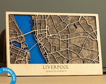 Liverpool 3D Laser Cut Map SVG - Multistrato UK Street Map Decor, Map Art, File 3D Glowforge, File Laser - Download digitale, 12x18 pollici