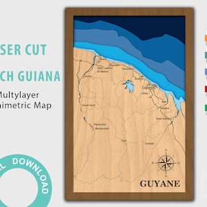 Digitaal bestand PDF, SVG, Ai - Kaart Frans-Guyana, Guyane Zuid-Amerika houten kaart bathymetrische diepte, lasergesneden bestand 8х12 inch