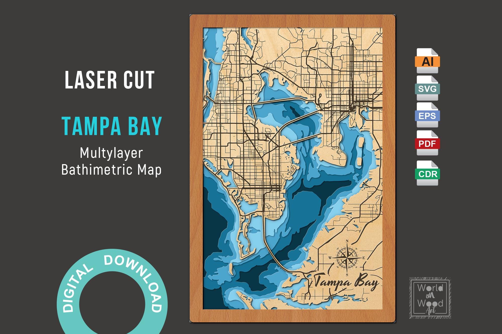 Tampa Bay Bathymetric Depth Map — 3D Laser Cut Wood Art — Digital Files
