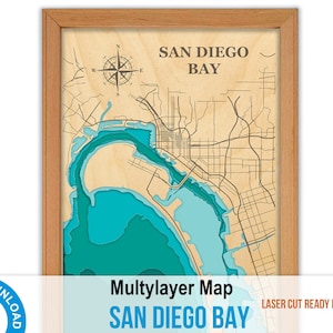 San Diego Bay-Schneiddateien, PDF, AI, SVG – Holz-Mehrschicht-Laserschnitt-Design, geschichtete Holz-Tiefenkarte-bathymetrisch-3D, 8 x 12 Zoll digital