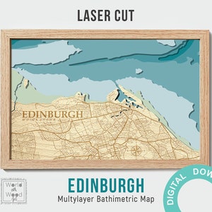 Fichier numérique - carte d'Édimbourg, PDF, AI, SVG - design découpé au laser multicouche en bois, carte en bois en couches, carte de profondeur-bathymétrique-3D, 8х12 pouces.