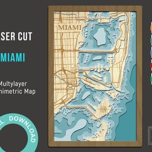 Mapa 3D cortado a laser de Biscayne Bay, mapa de Miami Beach, arquivo digital de mapa batimétrico da Flórida - PDF, AI, SVG, Cdr, 8x12 polegadas