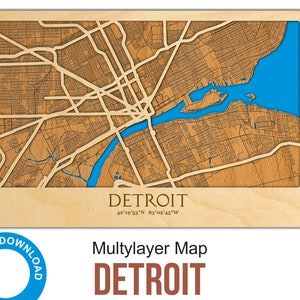 Carte de Detroit découpée au laser 3D - Carte des rues multicouche, décor fichiers numériques découpés au laser - PDF, Svg, Eps, Ai, Cdr