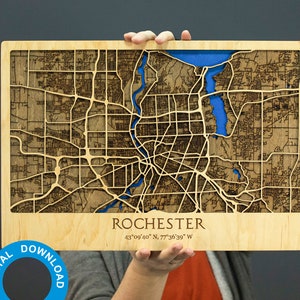 3D-lasergesneden kaart van Rochester - meerlaagse stratenkaart decor lasergesneden digitale bestanden – pdf, svg, eps, ai, cdr