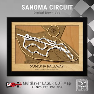 Sanoma Tracks Map SVG, California Race Tracks 3D houten kaart, Grand Prix Circuit Racing, lasergesneden digitale bestanden, 8,5 x 12 inch