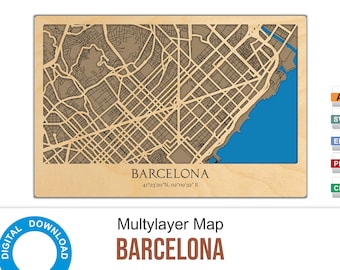 Barcelona 3D-Mehrschicht-Holzplan SVG | Lasergeschnittene Stadtstraßendateien (Digitaler Download)