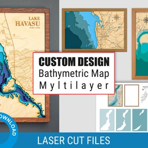 Aangepaste meer bathymetrische kaart SVG, aangepaste 3D-kaart, waterdieptelagen, meerlaags hout lasergesneden ontwerp, digitale DOWNLOAD