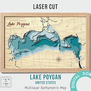 Lake Poygan Schneiddateien, PDF, AI, SVG - Holz Multilayer Laser Cut Design, geschichtete Holz Tiefenkarte-Bathymetrisch-3D, 12х18 Zoll