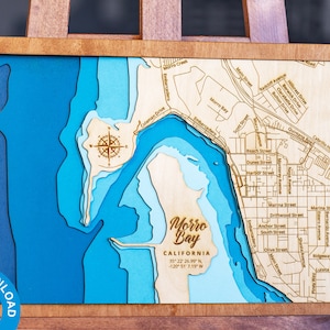 File digitale SVG, PDF - Mappa di Morro Bay, California, Mappa vettoriale multistrato, Batimetrica in legno, File pronto per il taglio laser, Regali di inaugurazione della casa, 12x18