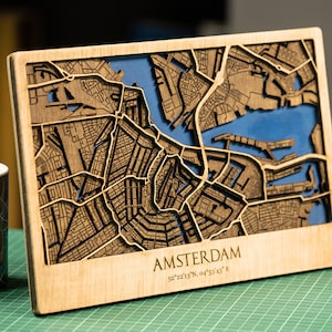 Amsterdam Street Map Wood, cadeau 3D City Map, Street Cutouts | 8x12 in Map, Carte murale en bois Art Decor, Carte en bois de la capitale néerlandaise