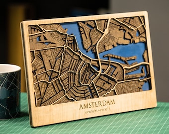 Amsterdam Street Map Wood, 3D City Map gift, Street Cutouts | 8x12 in Map, Wooden Wall Map Art Decor, Netherlands Capital Wooden Map