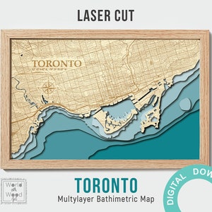 Fichier numérique - Carte de Toronto 3D, PDF, AI, SVG - Design découpé au laser multicouche en bois, carte en bois en couches de profondeur, bathymétrique-3D, 8х12 pouces.