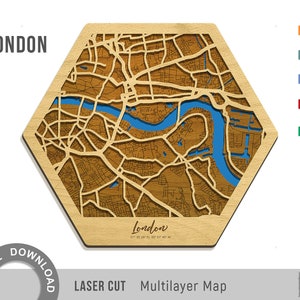 Carte de Londres SVG découpée au laser, carte hexagonale, forme hexagonale 3D, décor de plan de rue multicouche, fichiers découpés au laser - PDF, Svg, Eps, Ai, Cdr, carte topographique