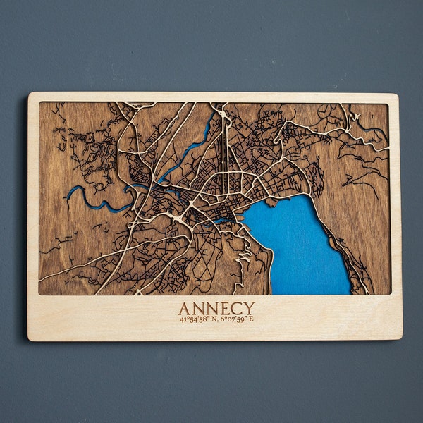 Carte en bois de la rue Annecy France, cadeau 3D City Map, lac d’Annecy, décor en bois, décoration d’art murale en bois, cadeau unique d’anniversaire et d’anniversaire