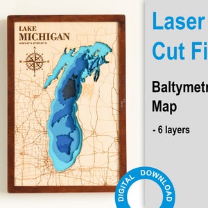 Lake Michigian Lake Plotterdatei, SVG - Holz Mehrschichtige Laser Cut Design, Tiefenkarte,Bathymetrisch-3D, 8х12 inch