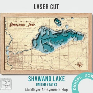 Archivo digital SVG, PDF: mapa del lago Shawano, profundidad del agua en 3D, mapa vectorial multicapa, batimétrico de Wisconsin Wood, archivo cortado con láser de 12 x 18 pulgadas