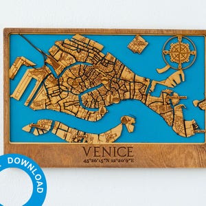 3D-lasergesneden kaart van Venetië - meerlaagse kaart decor Laser Venezia Italië gesneden digitale bestanden – pdf, SVG, eps, ai, cdr