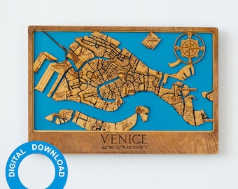 3D houten plattegrond van Venetië – Lasergesneden meerlaagse Venezia-decoratie (digitale bestanden)