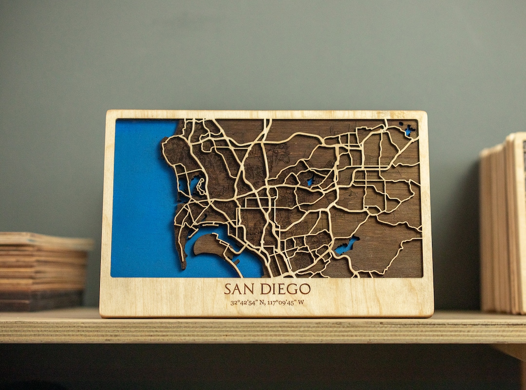 San Diego Wood Map, San Diego CA 3D Map, City Map, Wooden Map Decor