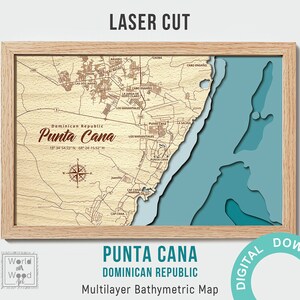 Punta Cana Schneidedateien, PDF, AI, SVG – Dominikanisches Holz-Mehrschicht-Laserdesign, Holztiefenkarte – Bathymetrisch 3D, 12 x 18 Zoll digital