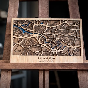 Glasgow Straßenkarte Holz | 3D Stadtplan | Straßenausschnitte aus Holz | 8x12in Schottland Stadtplan | Laser cut | Uk Stadtplan Holz karte