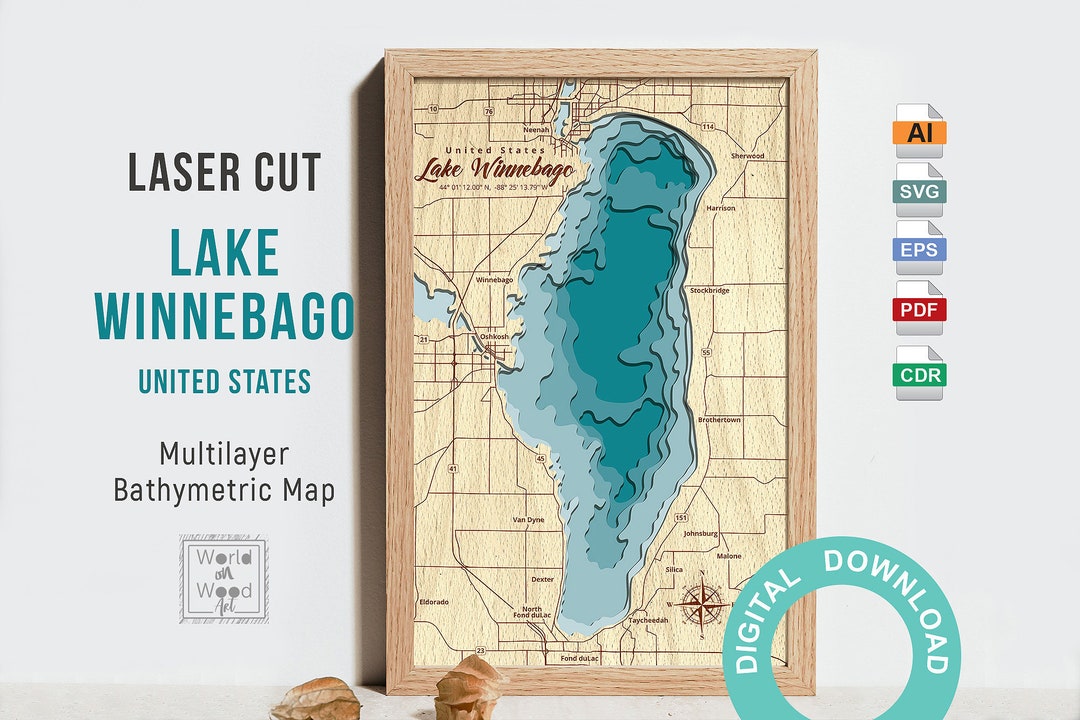 Digital File PDF, SVG, Ai Lake Winnebago Map, Missouri Wood Map